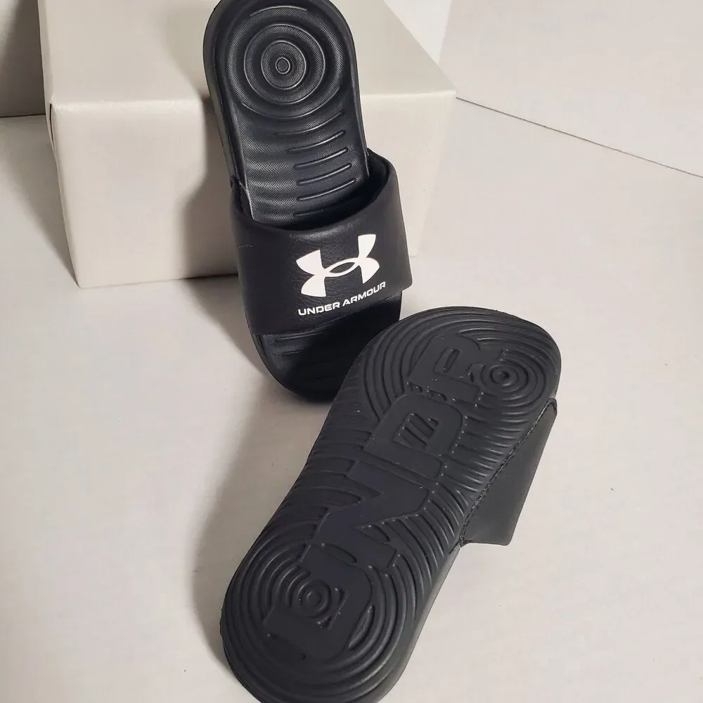 Under Armour Kids Slides Sandals Size 11K Black White Logo Comfort‎ Slip On